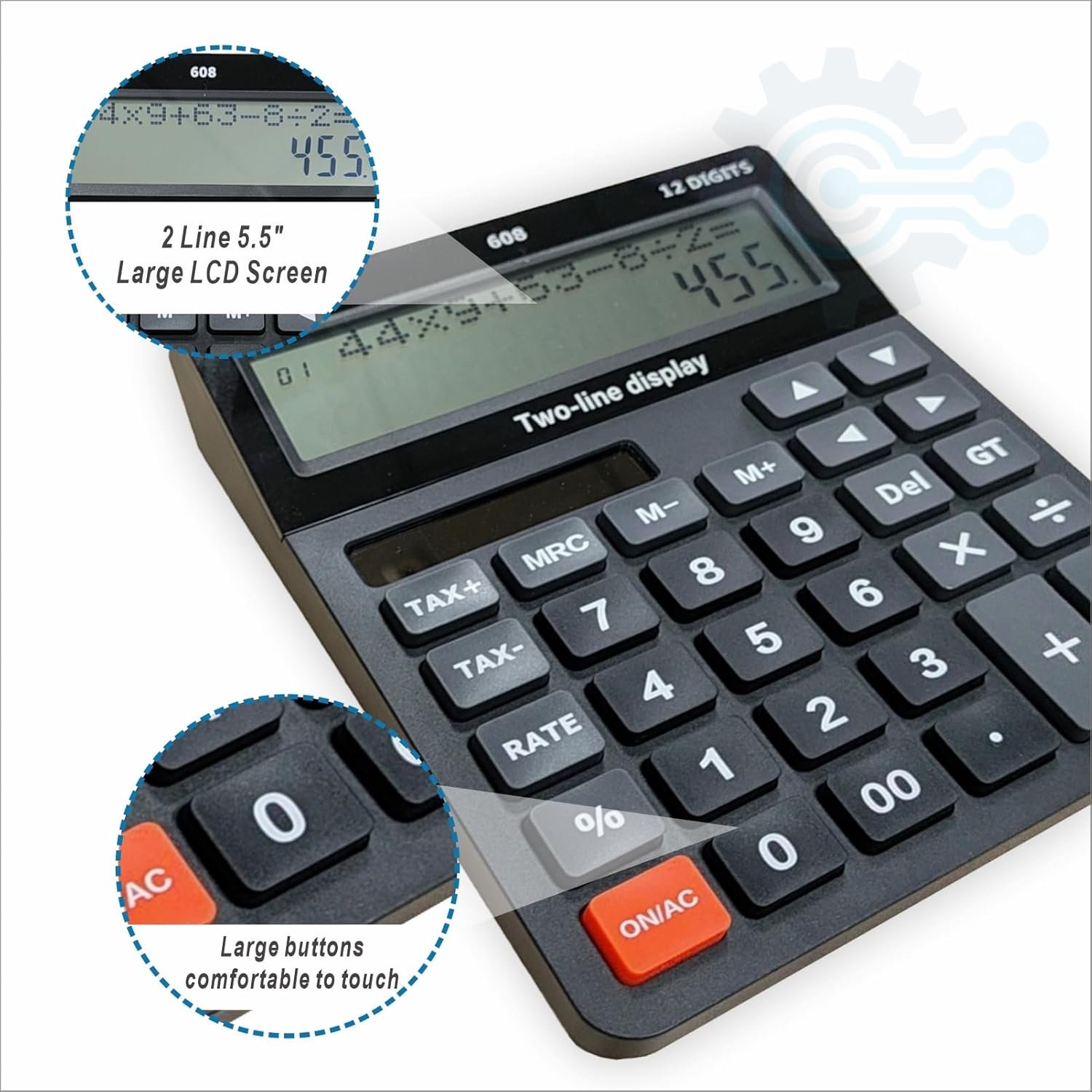 DECKLIT Battery and Solar Unique 120-Step Calculation Check 12 Digit 2 Line Extra Large Calculator Big Buttons and 5.5" LCD Display