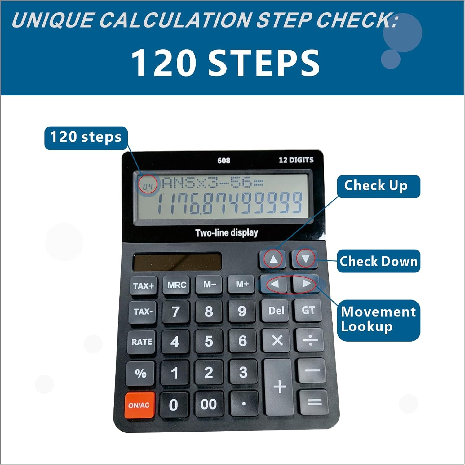 DECKLIT Battery and Solar Unique 120-Step Calculation Check 12 Digit 2 Line Extra Large Calculator Big Buttons and 5.5" LCD Display
