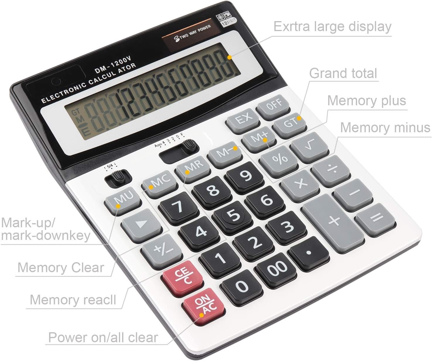 Large Electronic Calculator Counter Solar & Battery Power 12 Digit Display Multi-Functional Big Button for Business Office School Calculating