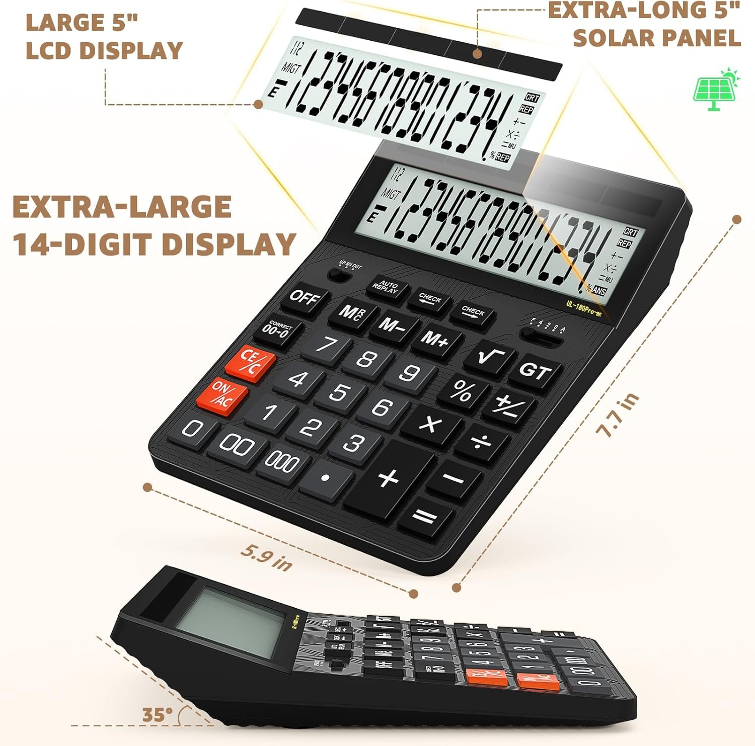 Calculators Desktop, 2026 Upgrade 14 Digit Large Size Calculator with 5-Inch LCD Display and Solar Power