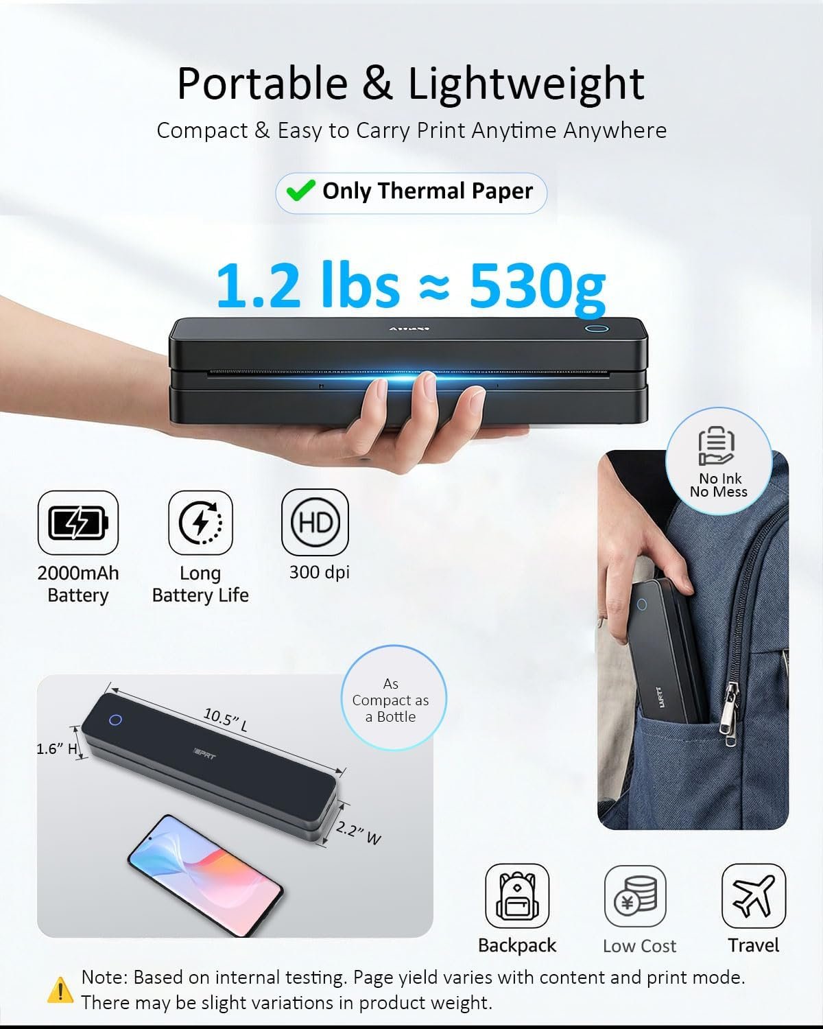 Inkless Portable Printer for Travel, Wireless Thermal Printer