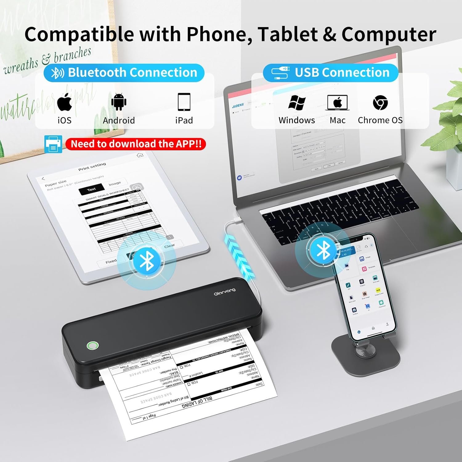 Gloryang Inkless Portable Printer for Travel, Wireless Thermal Printer