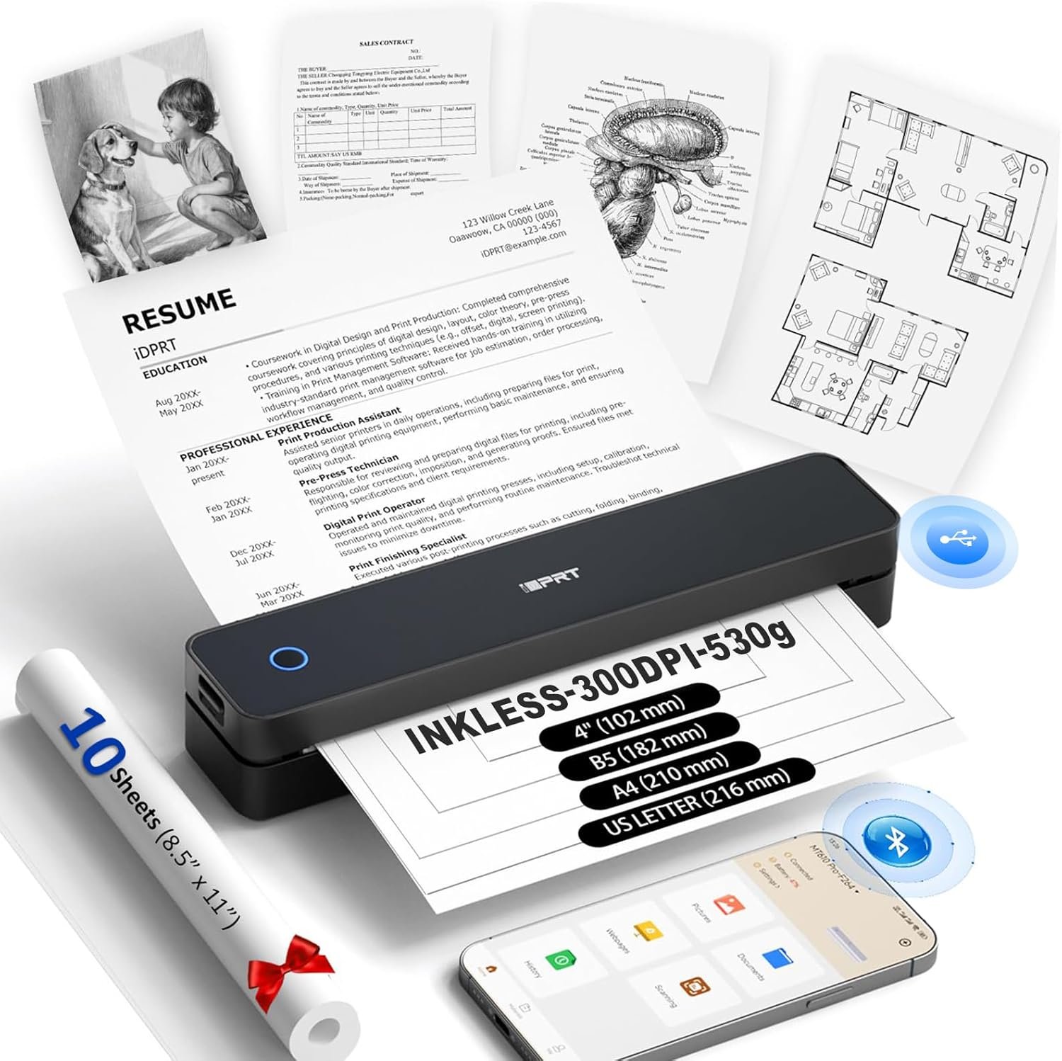 Inkless Portable Printer for Travel, Wireless Thermal Printer