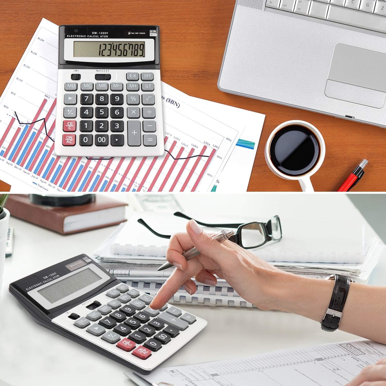 Large Electronic Calculator Counter Solar & Battery Power 12 Digit Display Multi-Functional Big Button for Business Office School Calculating
