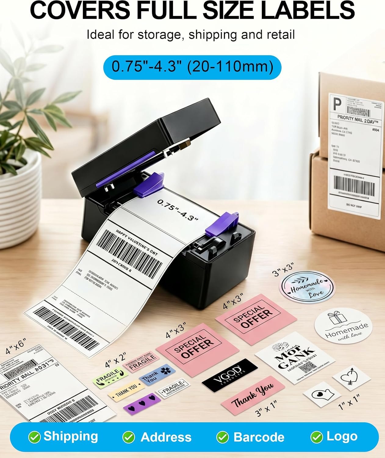 Thermal Shipping Label Printer, 4X6 Bluetooth Label Printers